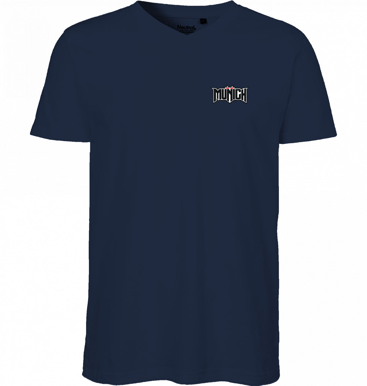 VESTR FEST 02 – MUNICH V-Neck Tee in Navy, kleiner MUNICH-Schriftzug auf der Brust, von SUÐR