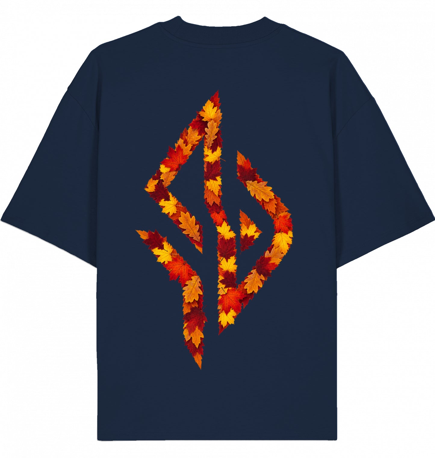 VESTR 07 Laub – Oversized Tee in French Navy, Print aus Herbstlaub von SUÐR