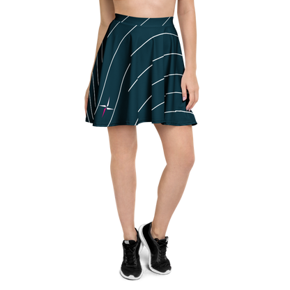 SUÐR-'26 Skater Skirt Waves Petrol – ausgestellter Skater-Rock in Petrol mit weißen Linien-Bögen