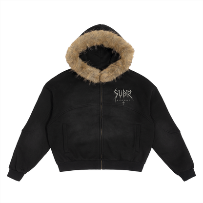BLACKOUT sun fade boxy detachable fur Hoodie – Ansicht 3