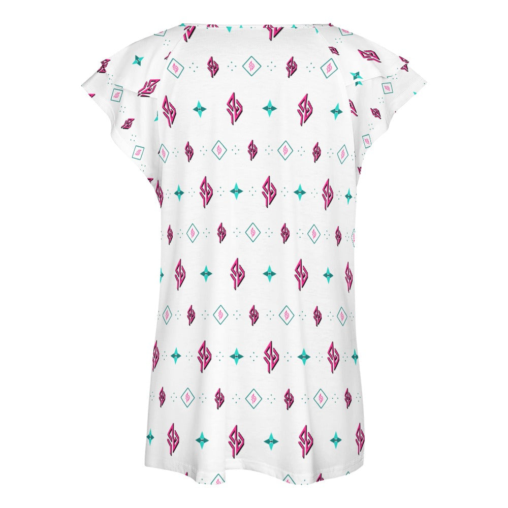 SUÐR Signature V-Neck Tee Damen – Weiß/Pink-Türkis