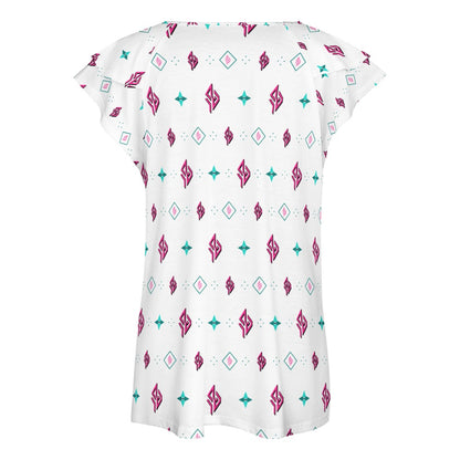 SUÐR Signature V-Neck Tee Damen – Weiß/Pink-Türkis