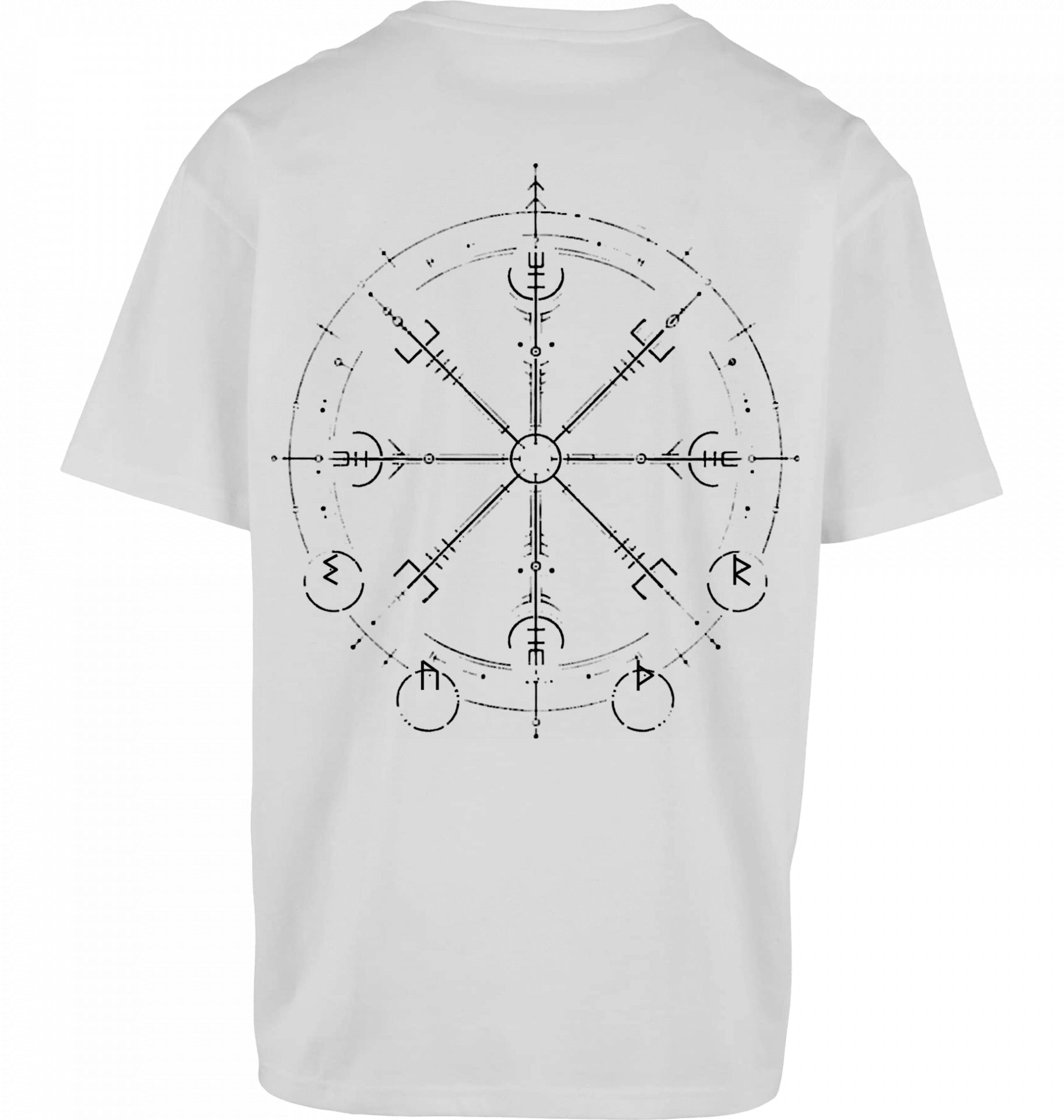 SUÐR FIND Wayfinder Tee in White – Rückseite mit großem Wayfinder-Artwork im DTF-Druck