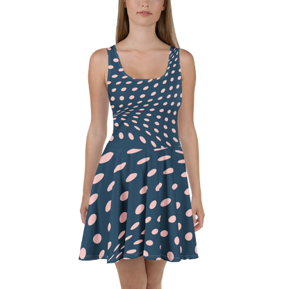 SUÐR-'26 Skater Dress Dots Navy – ärmelloses Skater-Kleid in Navy mit Rosé-Punkte-Print