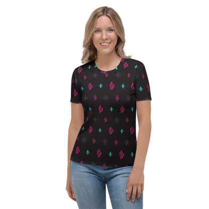 SUÐR Signature Crew Tee Damen – Schwarz/Pink-Türkis