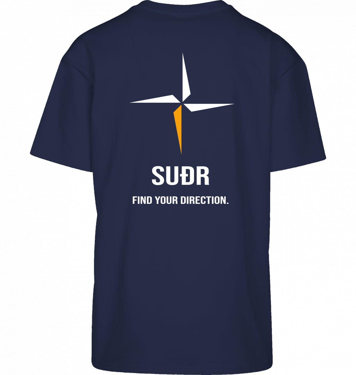 SUÐR FIND Heavy Oversize Tee in Dark Blue – Rückansicht mit Kompass-Stern und Find Your Direction