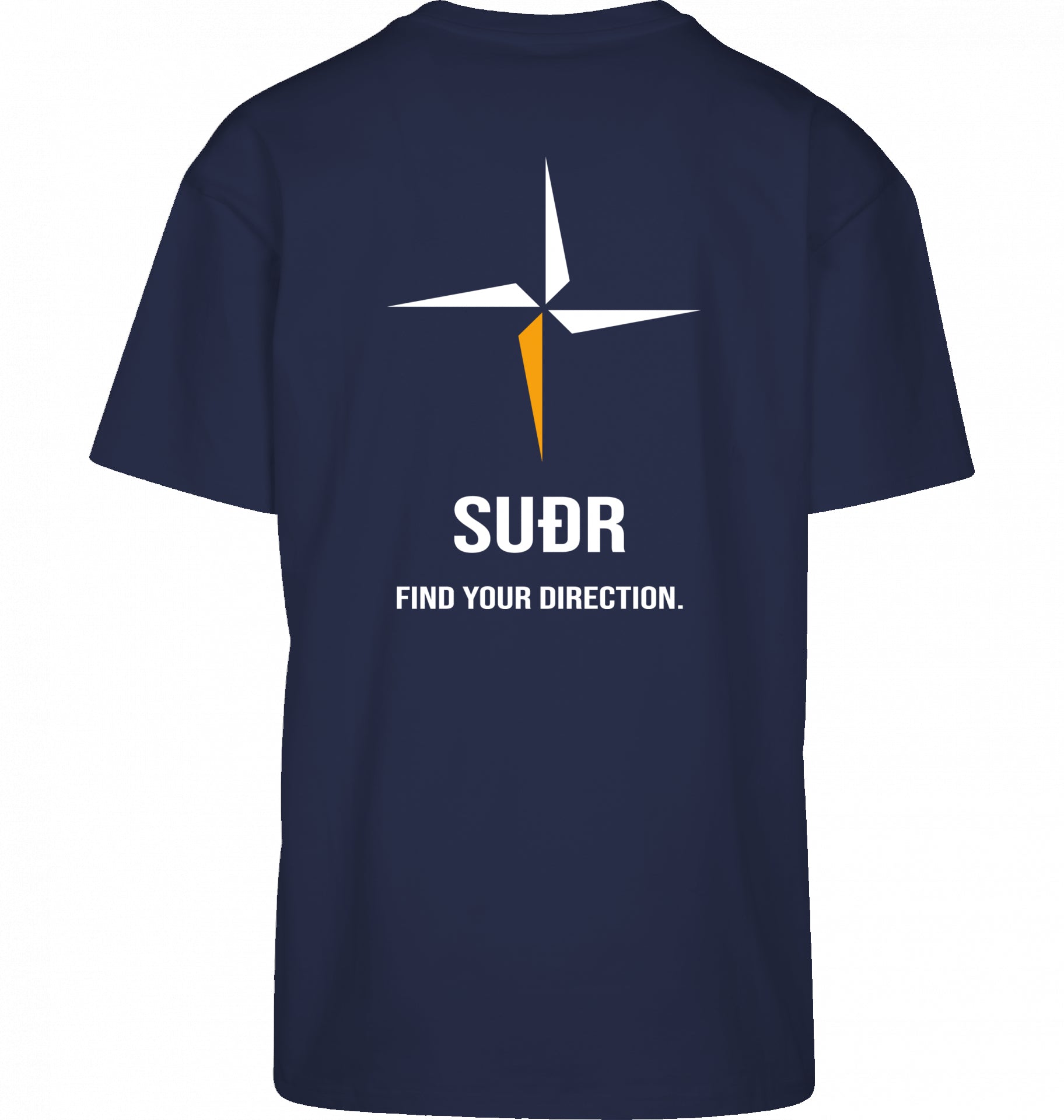 SUÐR FIND Heavy Oversize Tee in Dark Blue – Rückansicht mit Kompass-Stern und Find Your Direction
