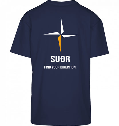 SUÐR FIND Heavy Oversize Tee in Dark Blue – Rückansicht mit Kompass-Stern und Find Your Direction