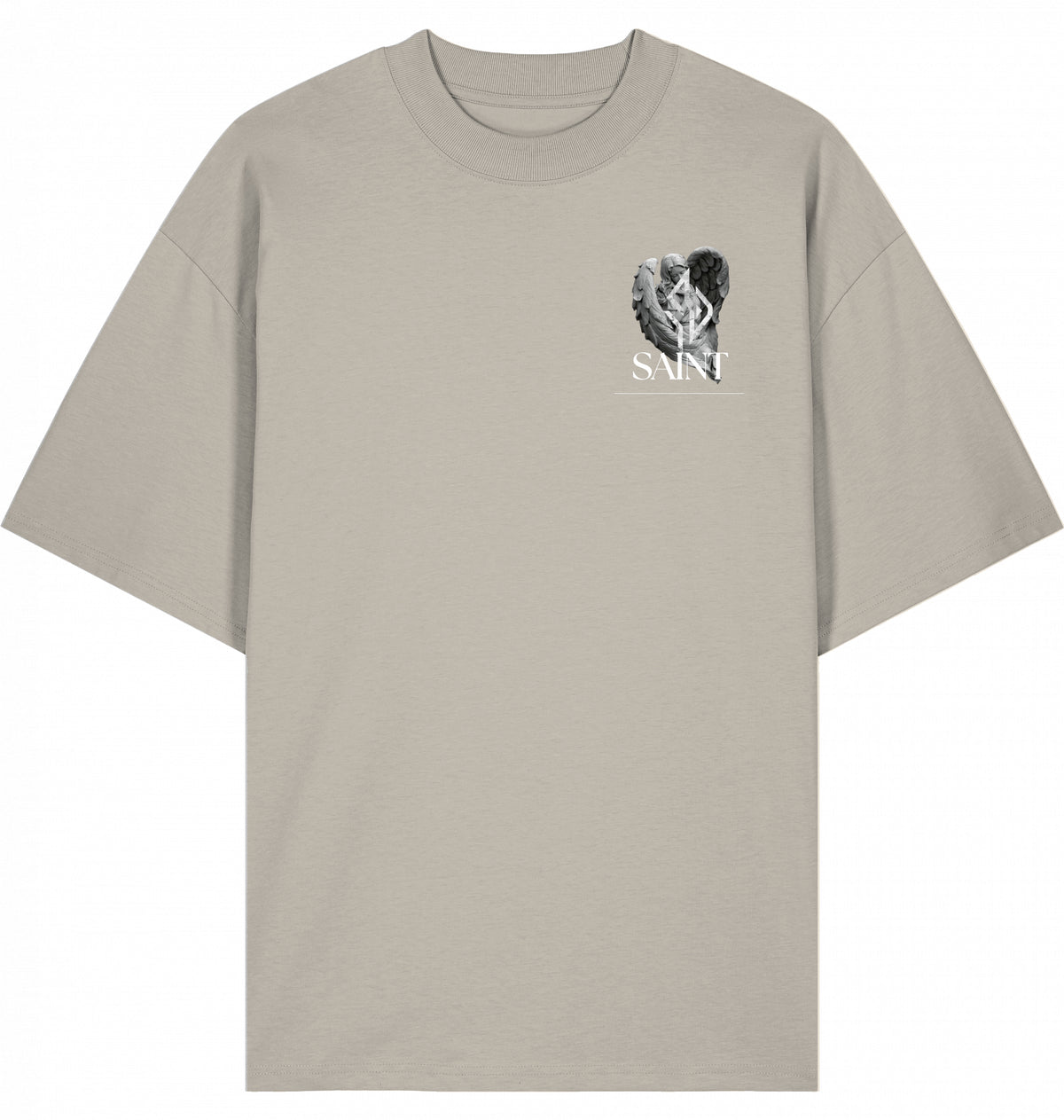 VESTR SAINT – Oversized Tee in Stone, kleines SAINT-Zeichen auf der Brust von SUÐR