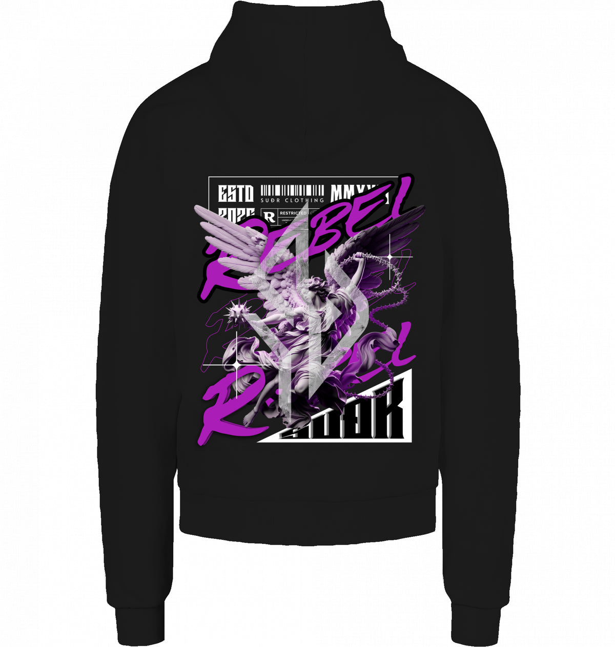 VESTR REBEL – Heavy Box Hoodie in Black, Engel-Backprint REBEL von SUÐR