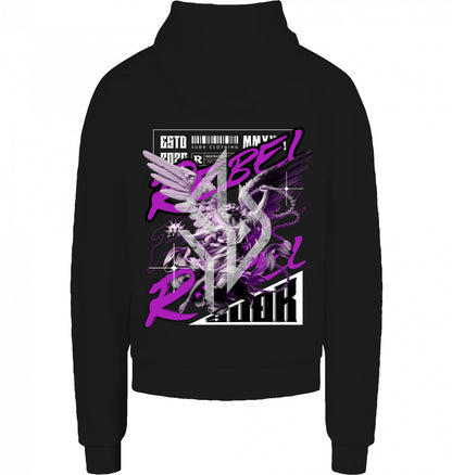 VESTR REBEL – Heavy Box Hoodie in Black, Engel-Backprint REBEL von SUÐR