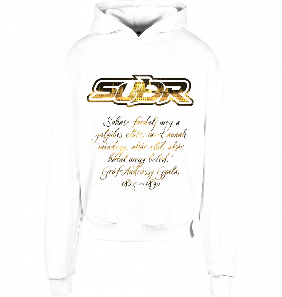 CITY 01 HOODIE BUDAPEST in Weiß, SUÐR-Schriftzug und Andrássy-Zitat vorne, von SUÐR