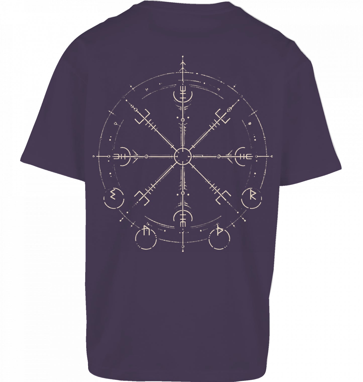 SUÐR FIND Wayfinder Tee in Purple Night – Rückseite mit großem Wayfinder-Artwork in Beige im DTF-Druck