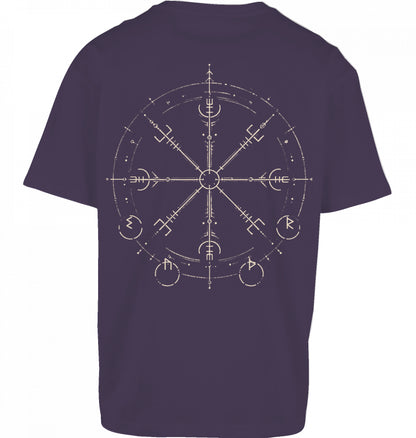 SUÐR FIND Wayfinder Tee in Purple Night – Rückseite mit großem Wayfinder-Artwork in Beige im DTF-Druck