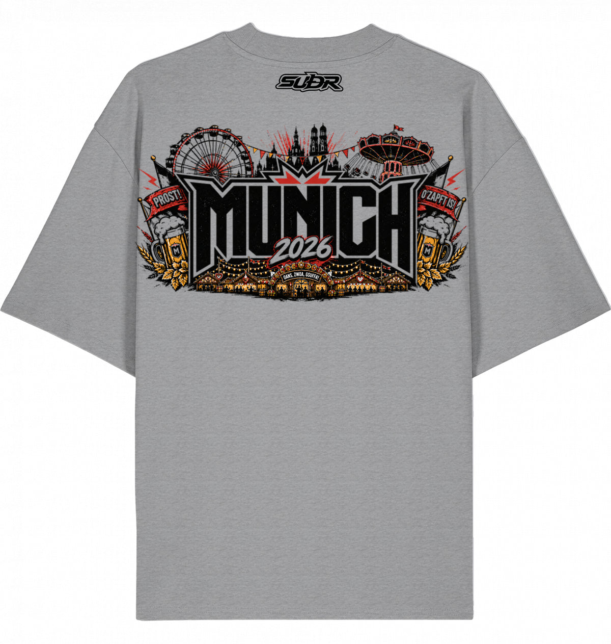 VESTR FEST 01 – MUNICH Oversized Tee in Heather Grey, Wiesn-Panorama mit 2026 auf dem Rücken, von SUÐR