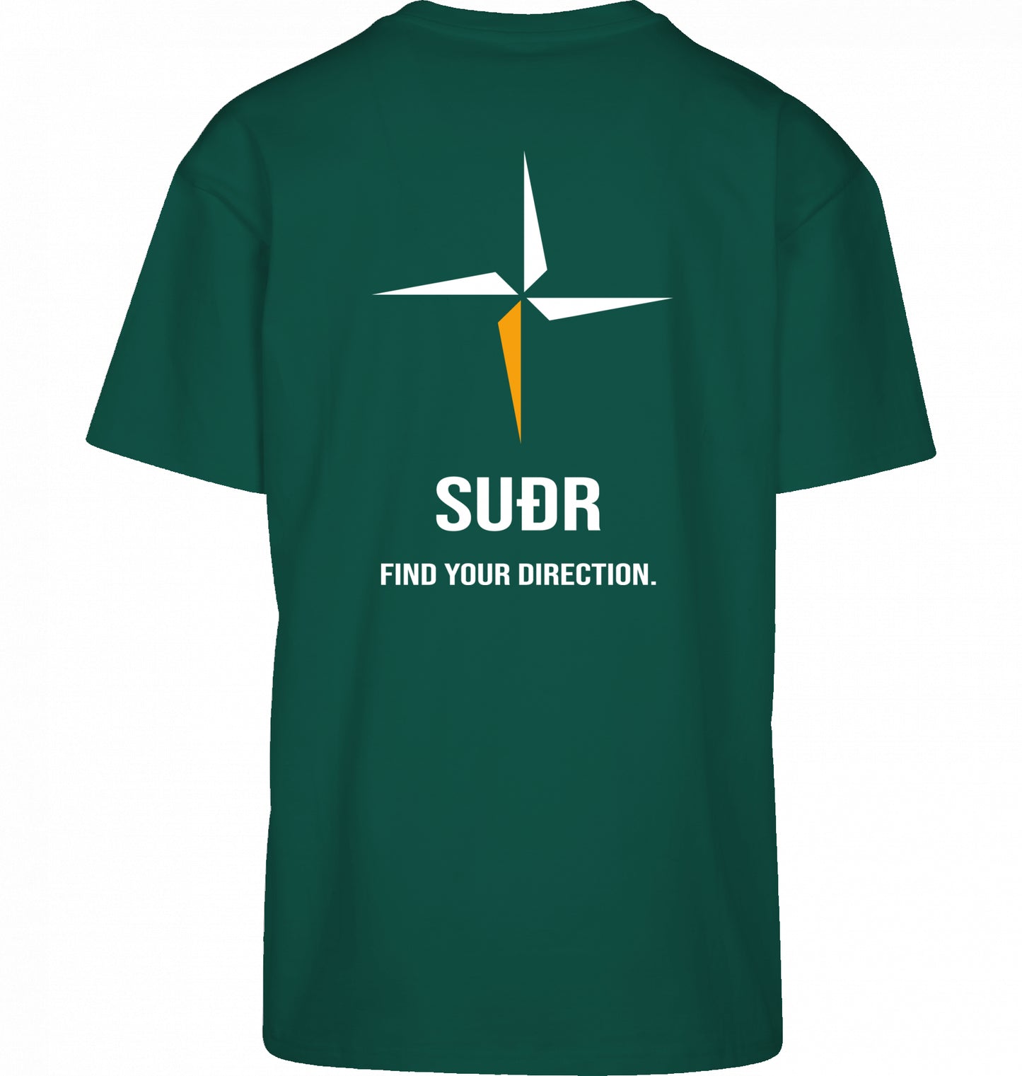 SUÐR FIND Heavy Oversize Tee in Grün – Rückansicht mit Kompass-Stern und Find Your Direction