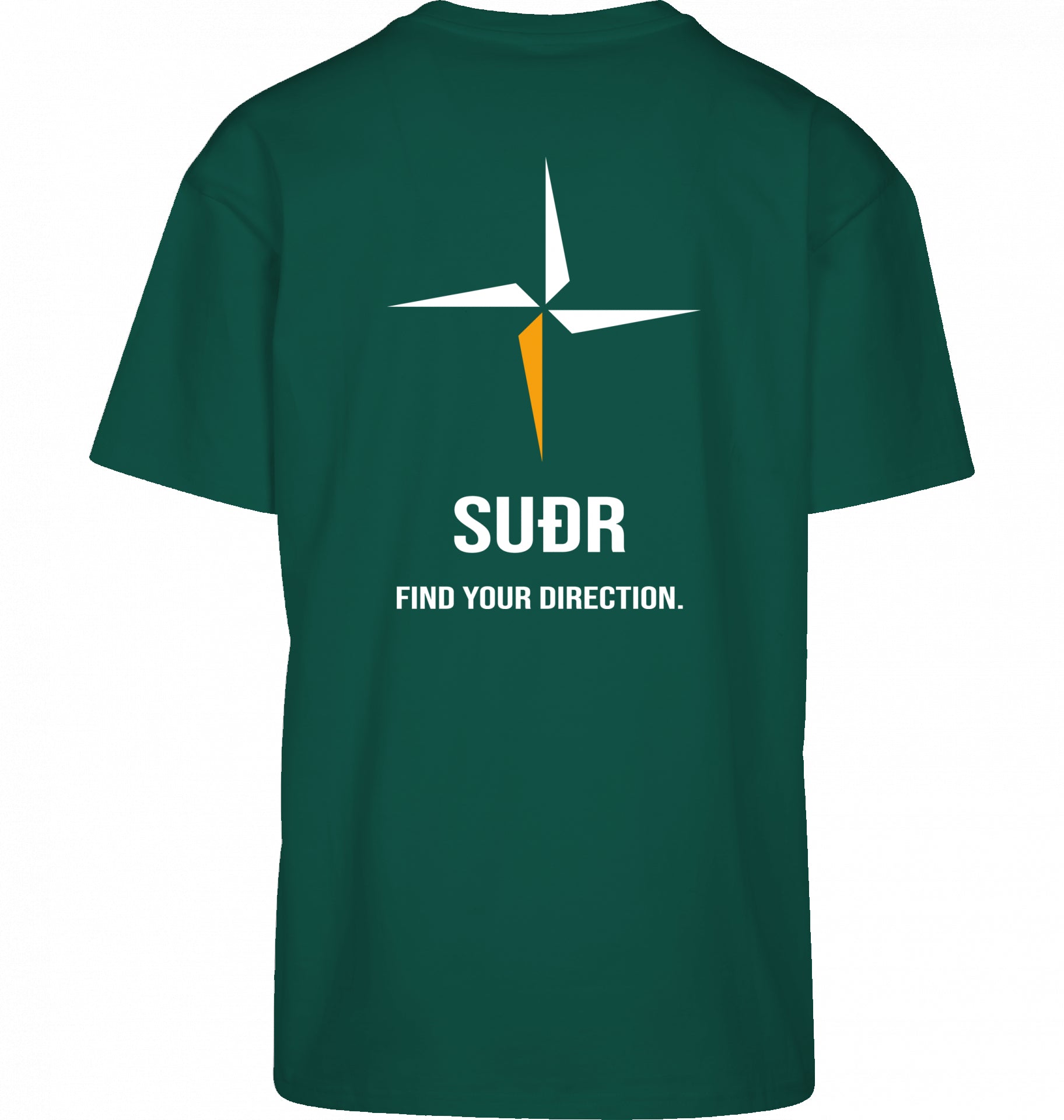 SUÐR FIND Heavy Oversize Tee in Grün – Rückansicht mit Kompass-Stern und Find Your Direction