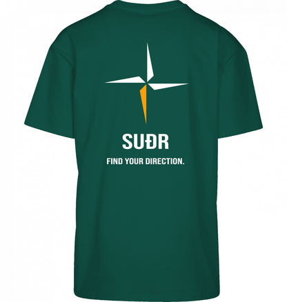 SUÐR FIND Heavy Oversize Tee in Grün – Rückansicht mit Kompass-Stern und Find Your Direction
