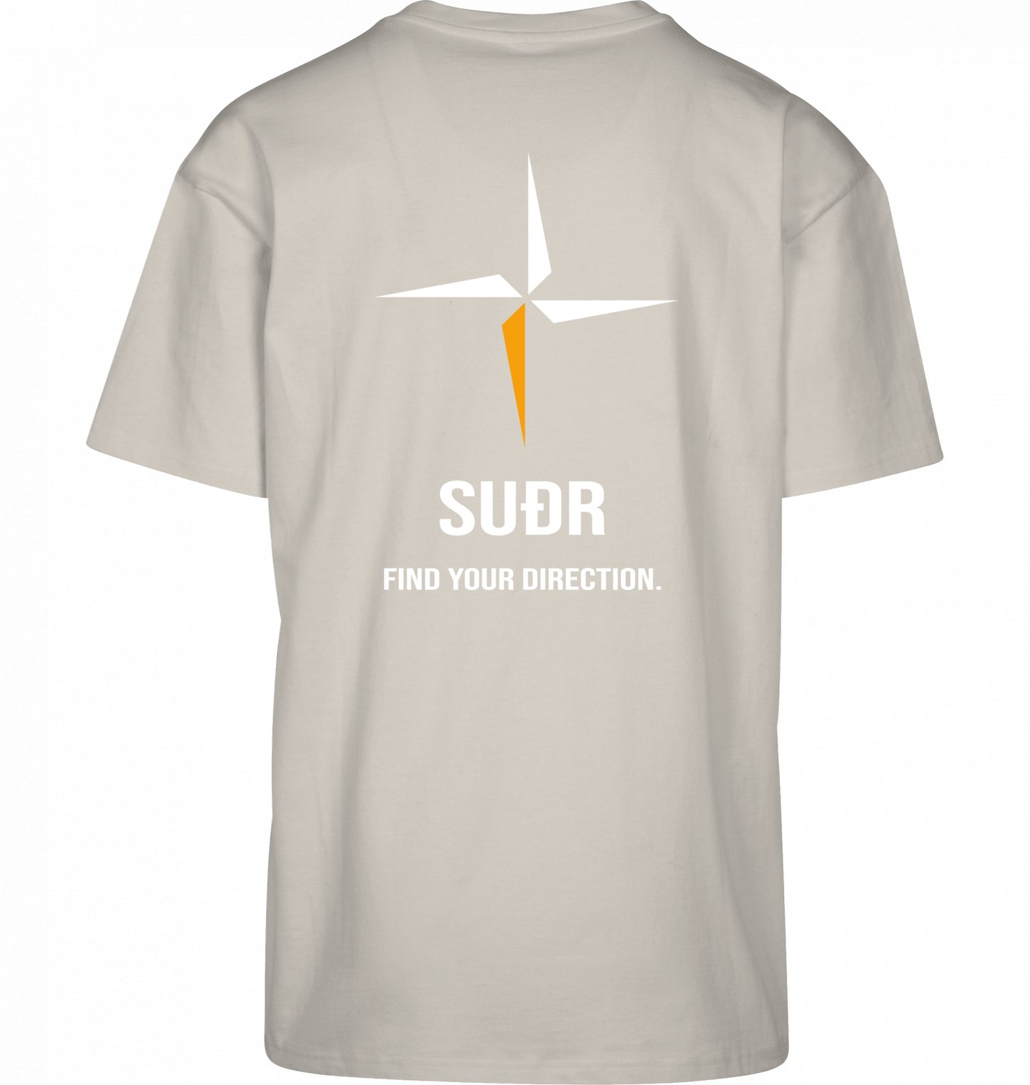 SUÐR FIND Heavy Oversize Tee in Sand – Rückansicht mit Kompass-Stern und Find Your Direction
