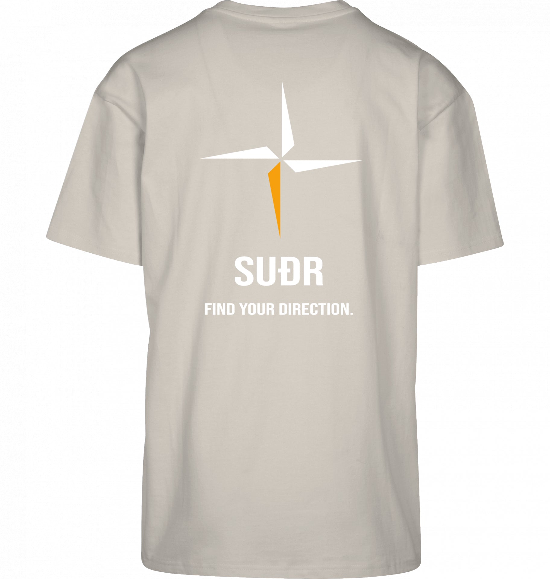 SUÐR FIND Heavy Oversize Tee in Sand – Rückansicht mit Kompass-Stern und Find Your Direction