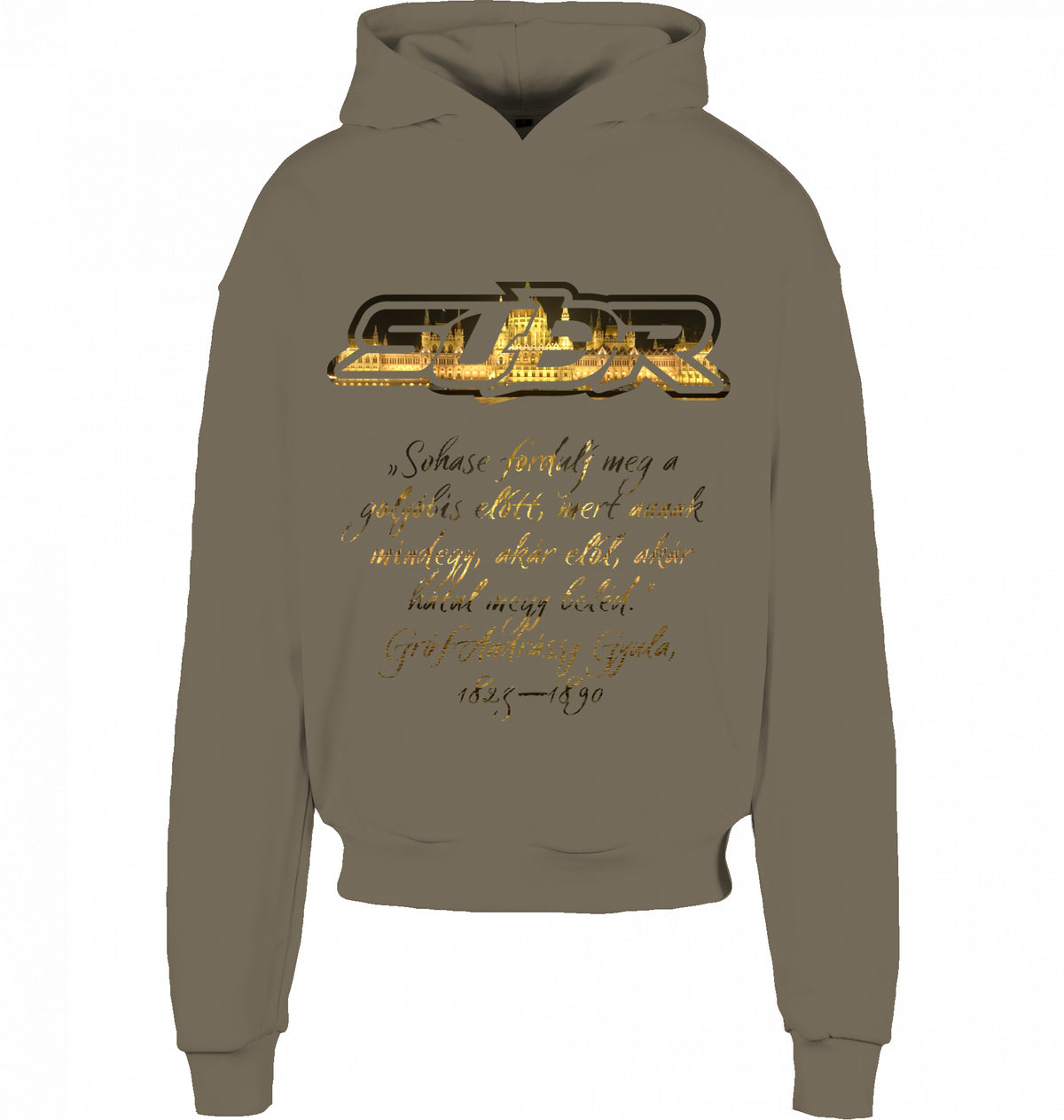 CITY 01 HOODIE BUDAPEST in Olive, SUÐR-Schriftzug und Andrássy-Zitat vorne, von SUÐR