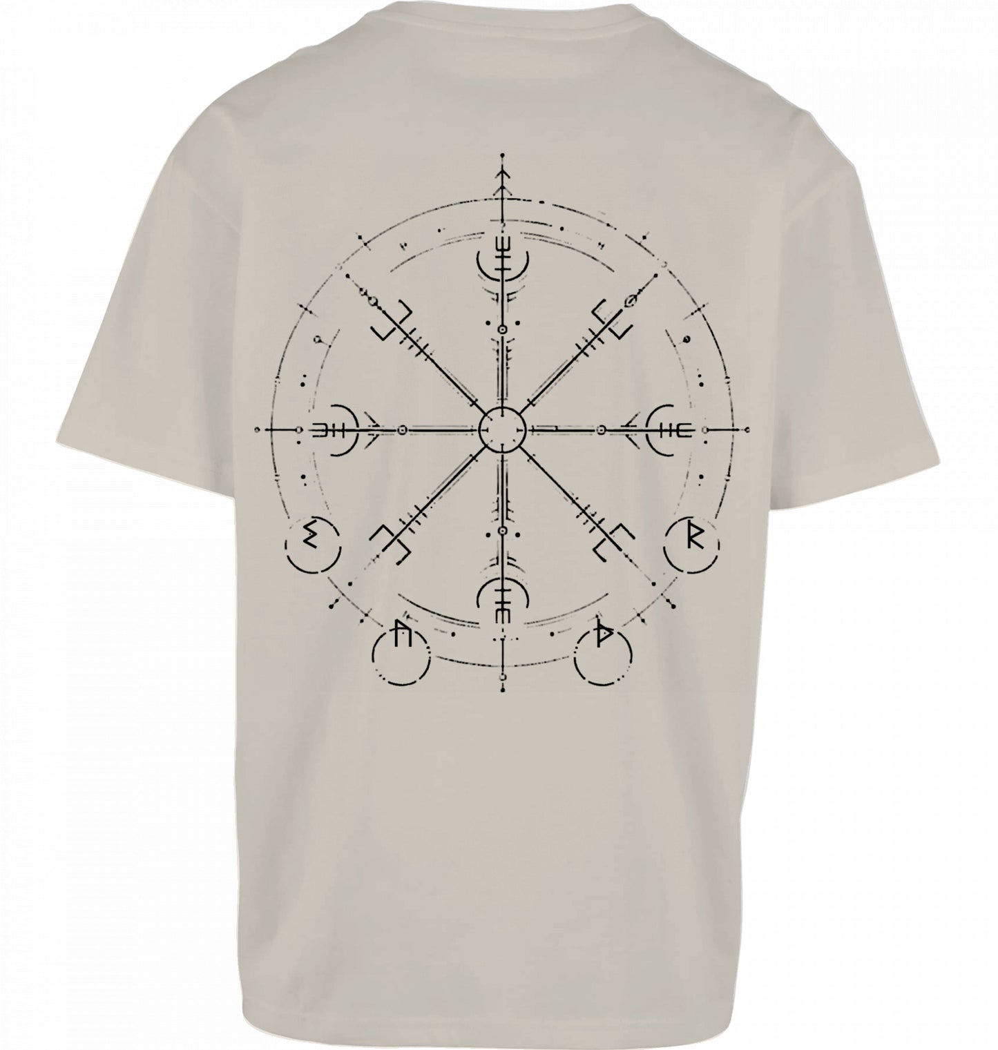 SUÐR FIND Wayfinder Tee in Sand – Rückseite mit großem Wayfinder-Artwork im DTF-Druck