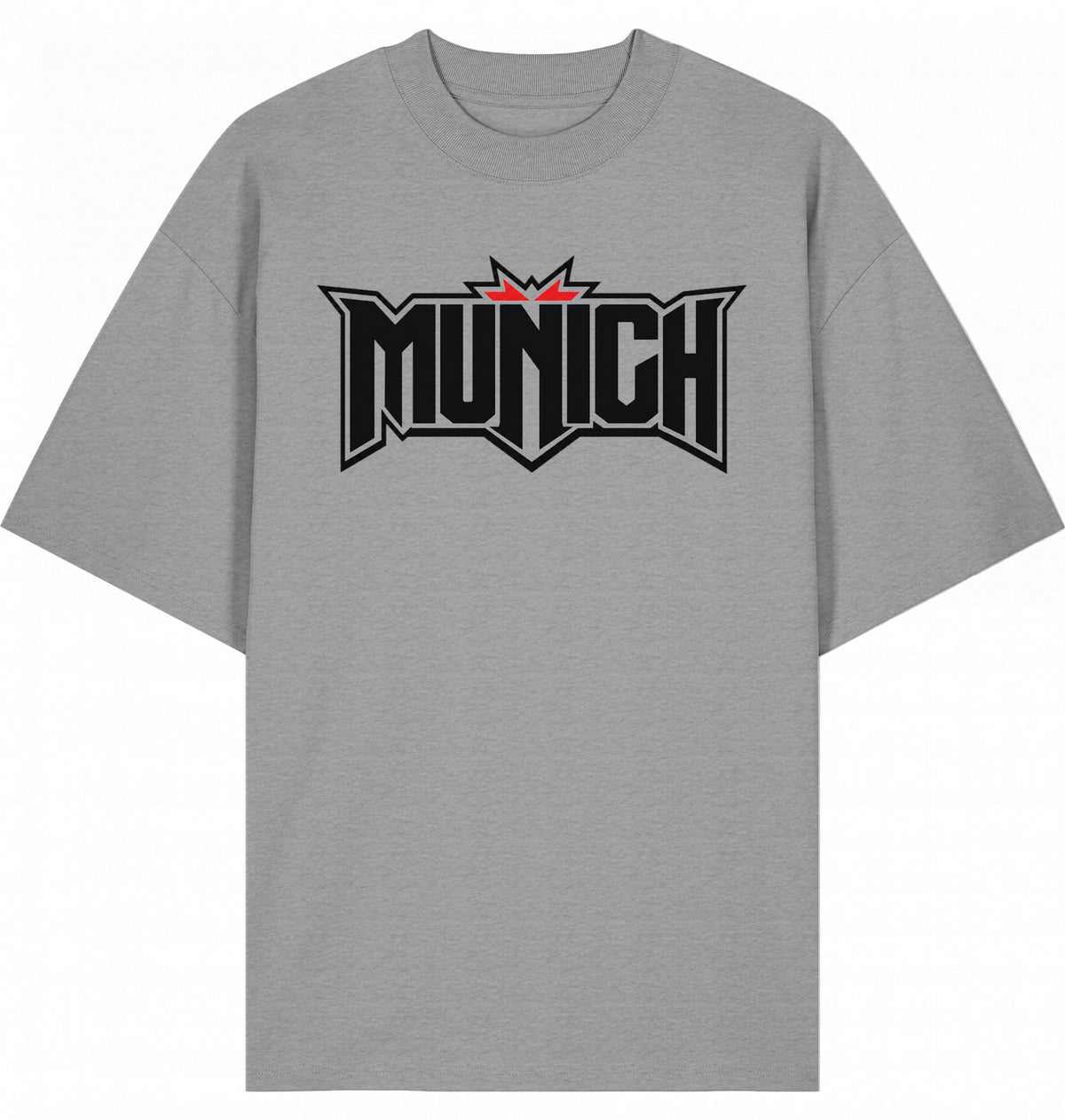 VESTR FEST 01 – MUNICH Oversized Tee in Heather Grey, MUNICH-Schriftzug vorne, von SUÐR