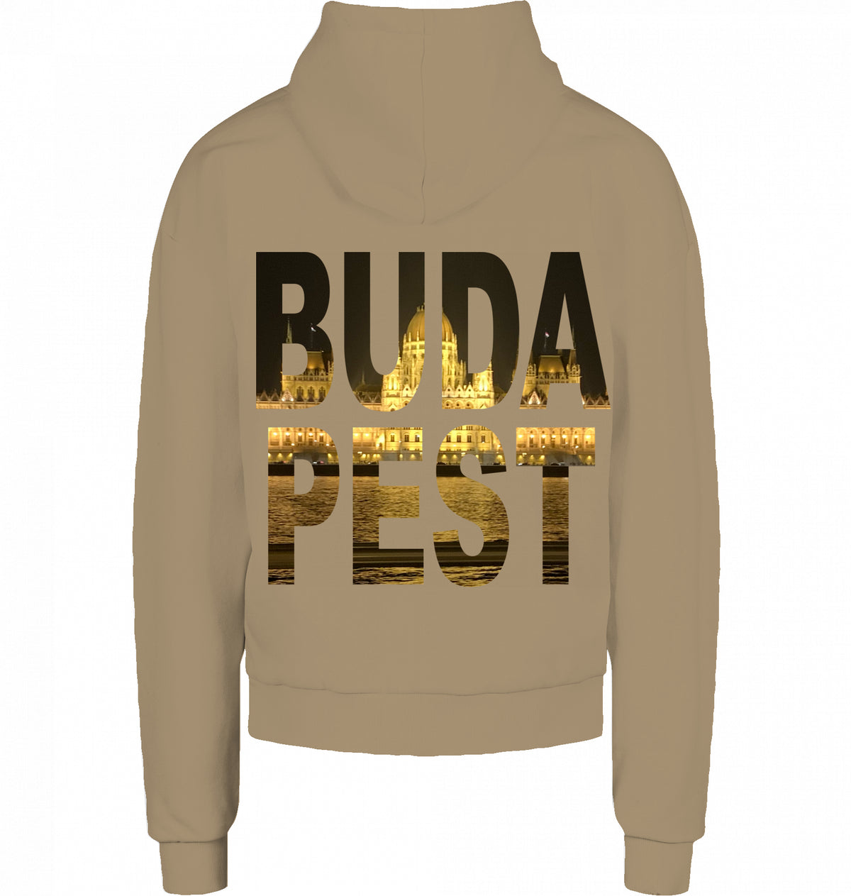 CITY 01 HOODIE BUDAPEST in U. Beige, BUDA PEST Knockout mit Parlament auf dem Rücken, von SUÐR