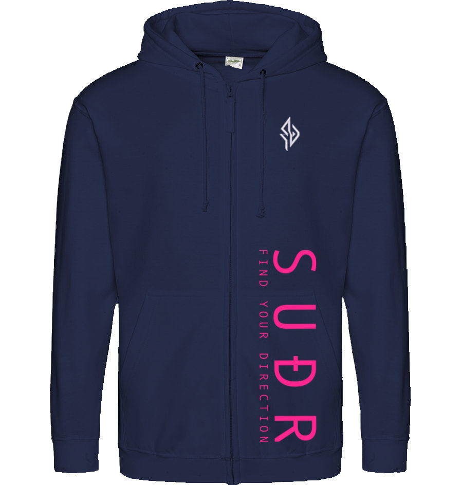 SUÐR FIND 07 Zoodie in New French Navy – Vorderansicht mit Emblem und SUÐR-Schriftzug