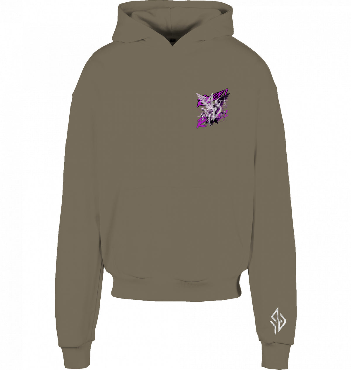 VESTR REBEL – Heavy Box Hoodie in Olive, kleines REBEL-Motiv auf der Brust und Zeichen am Ärmel, von SUÐR