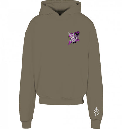 VESTR REBEL – Heavy Box Hoodie in Olive, kleines REBEL-Motiv auf der Brust und Zeichen am Ärmel, von SUÐR