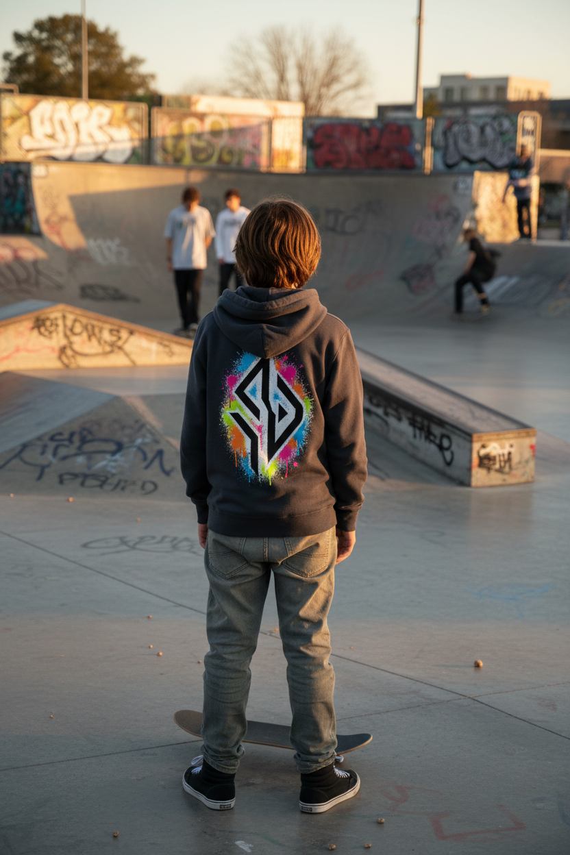 SUÐR Hoodie Organic (Kids) – Rückenprint mit dem SUÐR-Zeichen in Graffiti-Optik, fotografiert im Skatepark