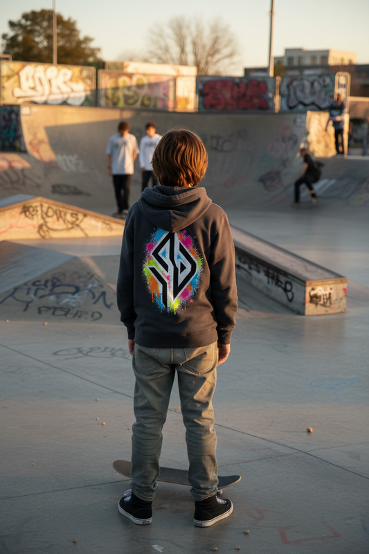 SUÐR Hoodie Organic (Kids) – Rückenprint mit dem SUÐR-Zeichen in Graffiti-Optik, fotografiert im Skatepark