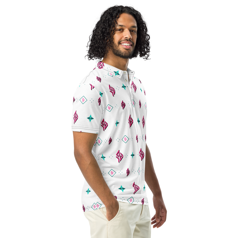 SUÐR Signature Polo – Weiß/Pink-Türkis