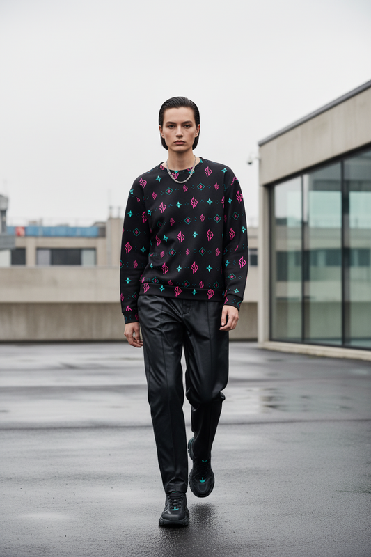 SUÐR Sweatshirt – Schwarz/Pink-Türkis