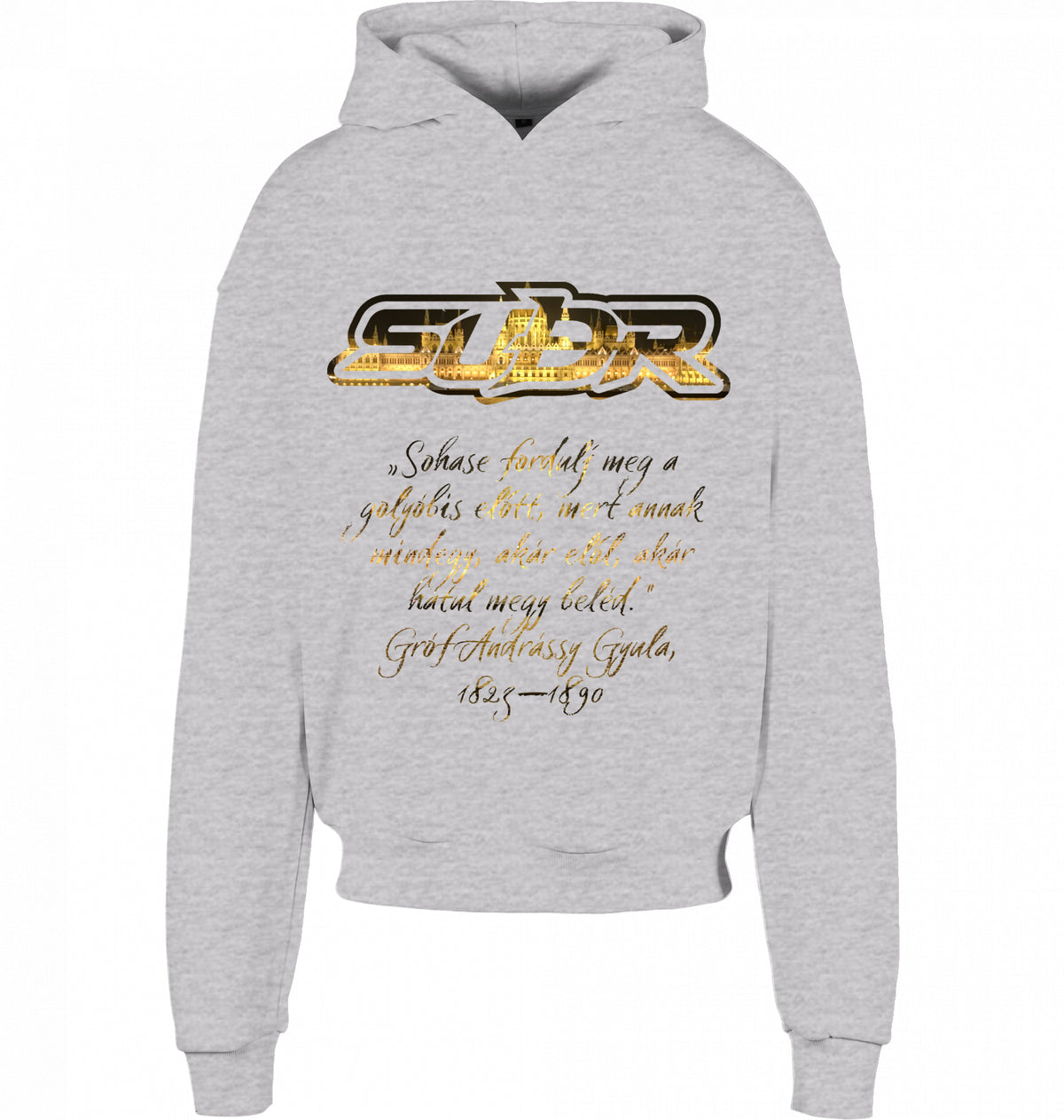 CITY 01 HOODIE BUDAPEST in Grau, SUÐR-Schriftzug und Andrássy-Zitat vorne, von SUÐR