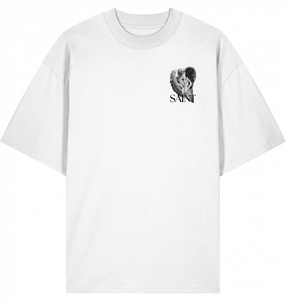 VESTR SAINT – Oversized Tee in White, kleines SAINT-Zeichen auf der Brust von SUÐR