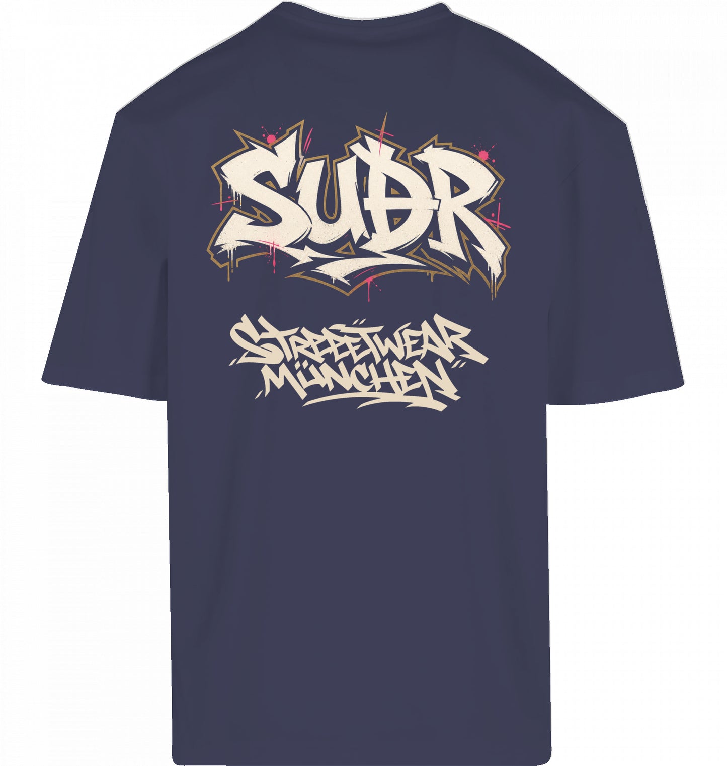 SUÐR FIND Loose Fit Tee in Navy – Rückseite mit SUÐR Graffiti-Print Streetwear München