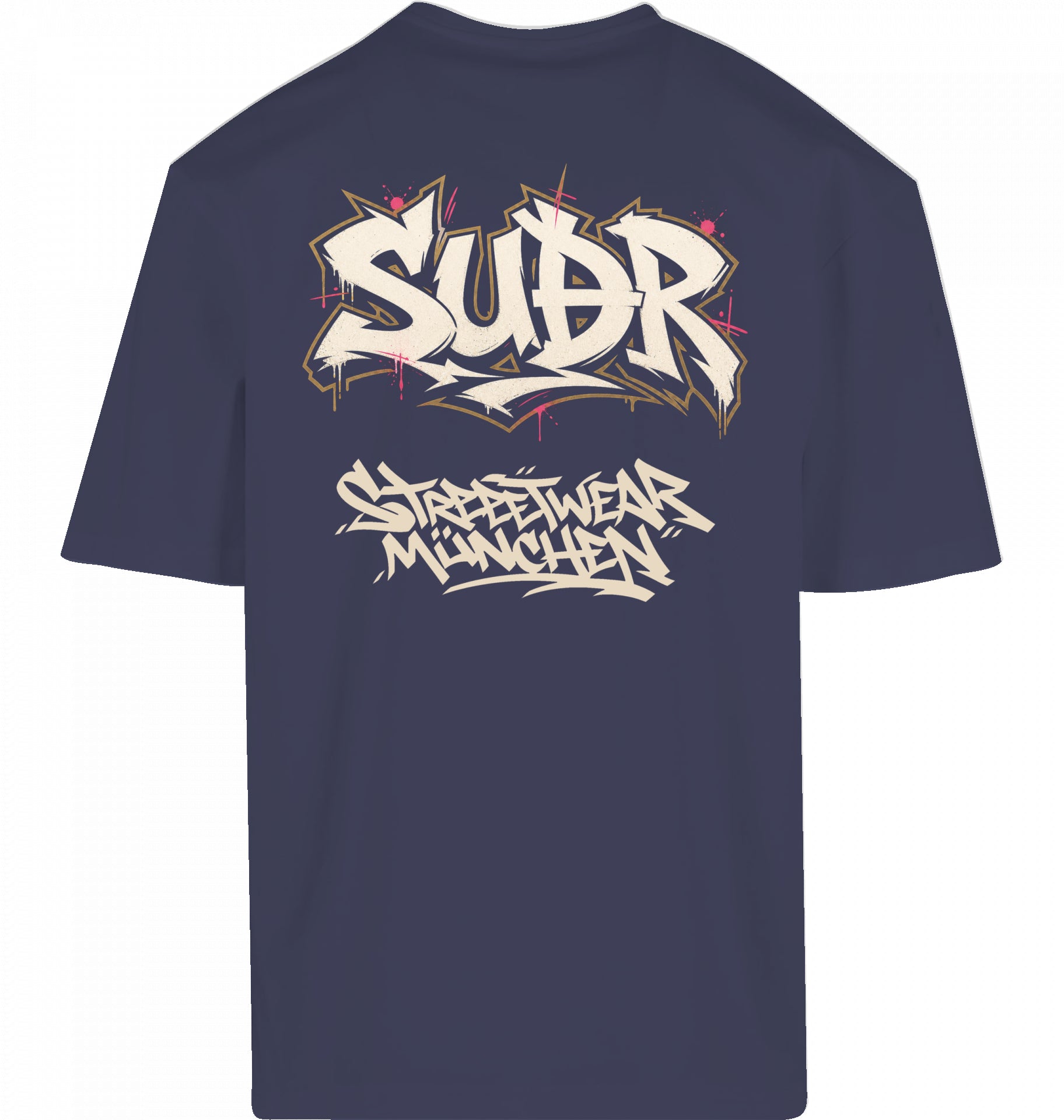 SUÐR FIND Loose Fit Tee in Navy – Rückseite mit SUÐR Graffiti-Print Streetwear München