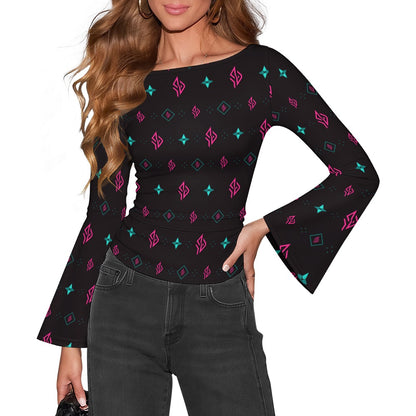 SUÐR Signature Trompetenärmel-Shirt Damen – Schwarz/Pink-Türkis