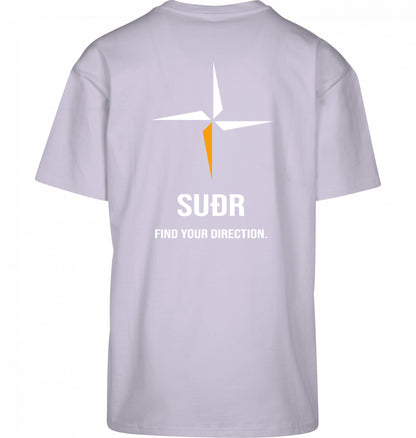 SUÐR FIND Heavy Oversize Tee in Lilac – Rückansicht mit Kompass-Stern und Find Your Direction