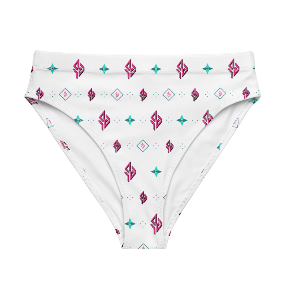 SUÐR Signature High-Waist Bikini Bottom – Weiß/Pink-Türkis