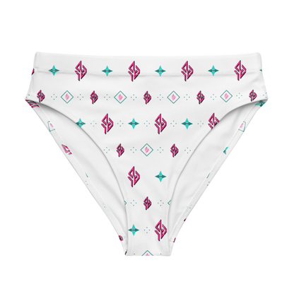 SUÐR Signature High-Waist Bikini Bottom – Weiß/Pink-Türkis