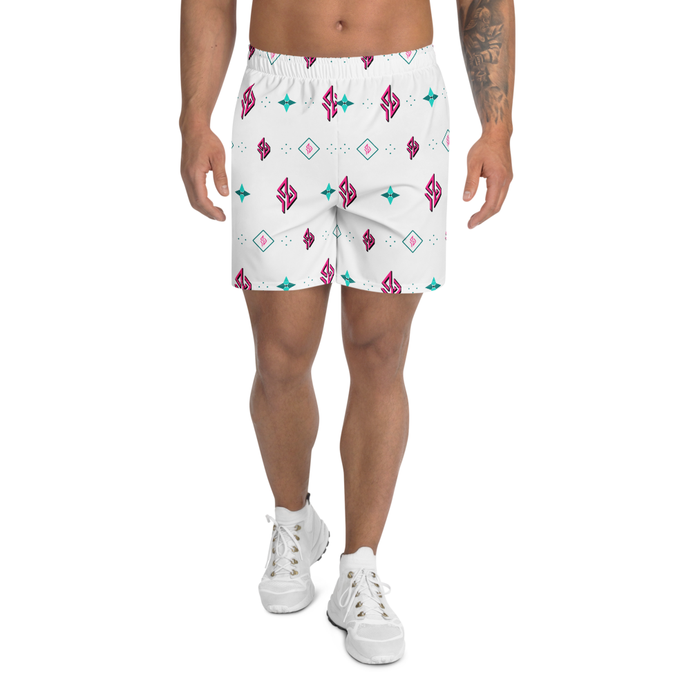 SUÐR Signature Athletic Long Shorts – Weiß/Pink-Türkis