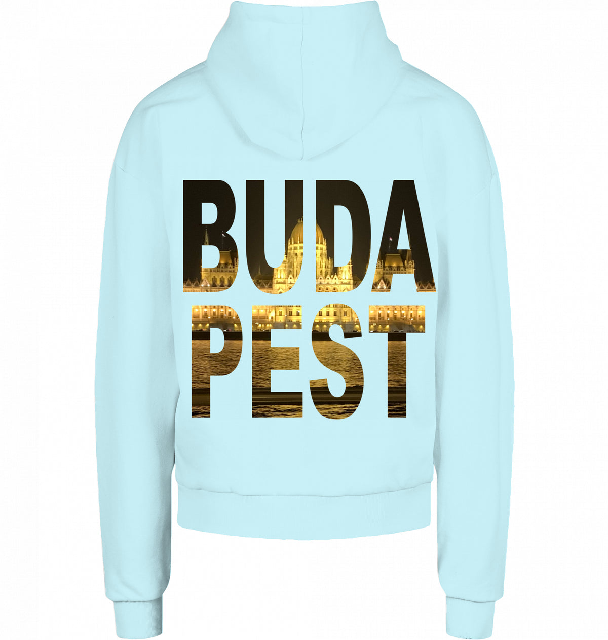 CITY 01 HOODIE BUDAPEST in Ocean Blue, BUDA PEST Knockout mit Parlament auf dem Rücken, von SUÐR
