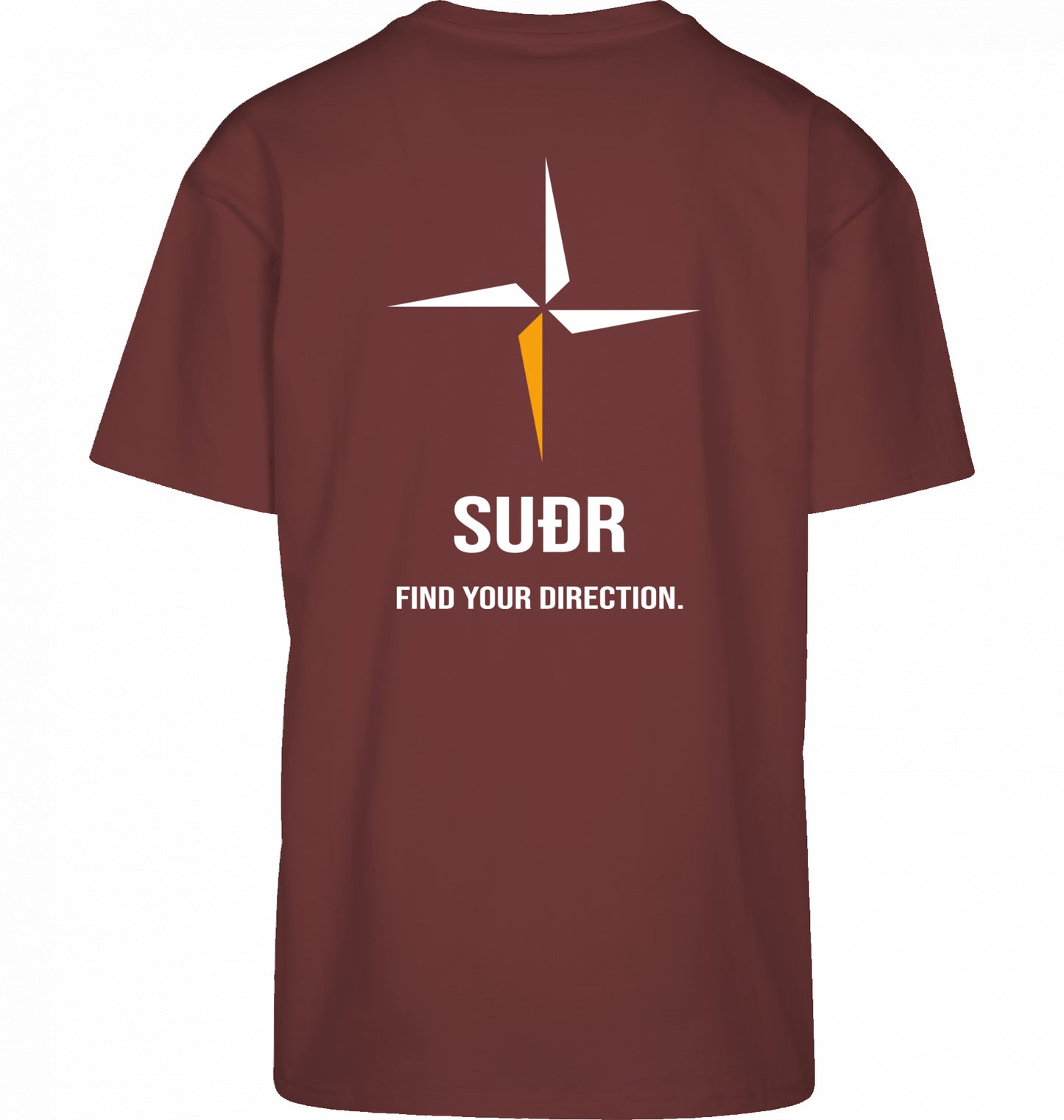 SUÐR FIND Heavy Oversize Tee in Cherry – Rückansicht mit Kompass-Stern und Find Your Direction
