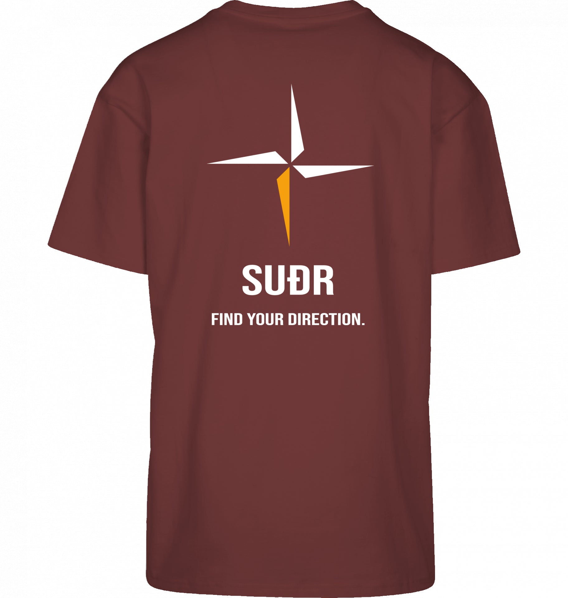 SUÐR FIND Heavy Oversize Tee in Cherry – Rückansicht mit Kompass-Stern und Find Your Direction