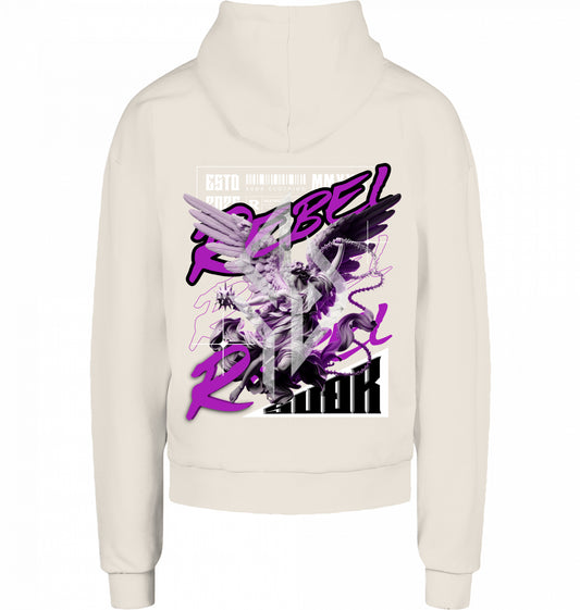 VESTR REBEL – Heavy Box Hoodie in Sand, Engel-Backprint REBEL von SUÐR