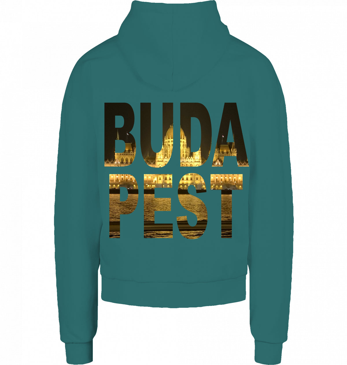 CITY 01 HOODIE BUDAPEST in Retro Green, BUDA PEST Knockout mit Parlament auf dem Rücken, von SUÐR