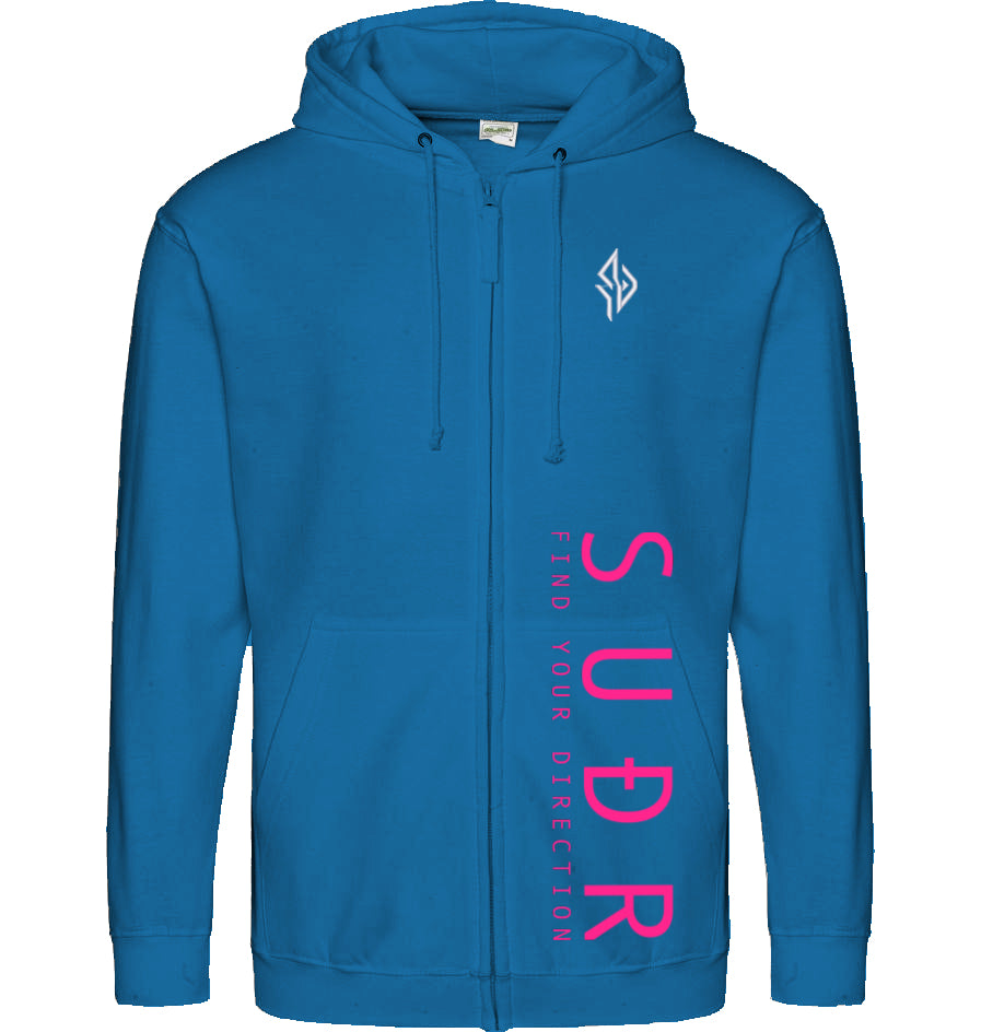 SUÐR FIND 07 Zoodie in Sapphire Blue – Vorderansicht mit Emblem und SUÐR-Schriftzug
